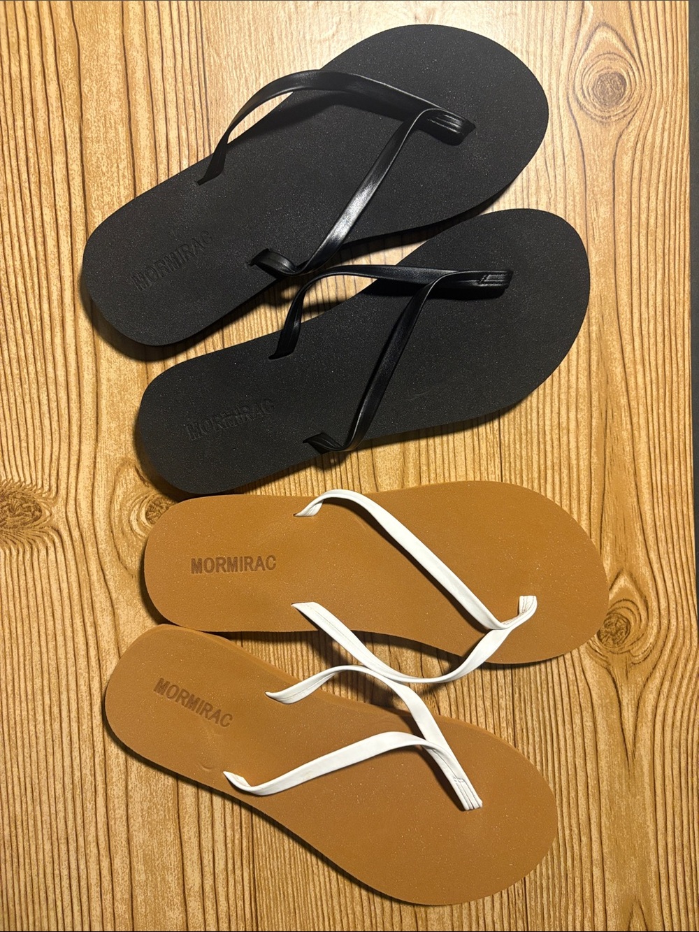 MORMIRAC Two-Pair Flip Flop Set - Black & Tan with White Straps NIB